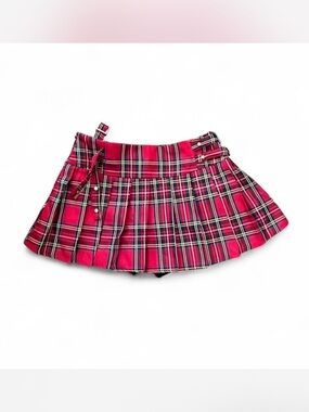 Red Plaid Pleated Mini Skirt with Buckle Detail